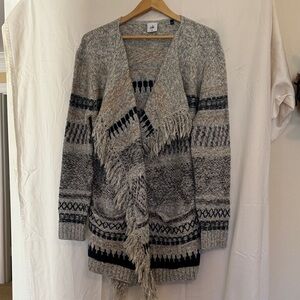 CAbi Gray and Black Patterned Cardigan with Fringe